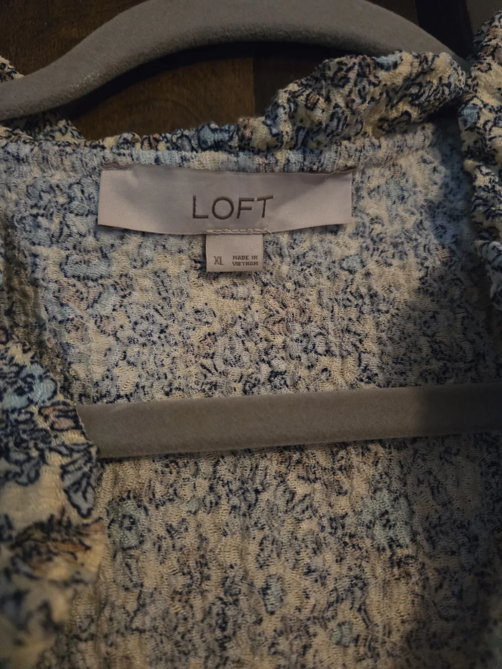 LOFT Blue Floral Ruffle Neck Puff Sleeve Top